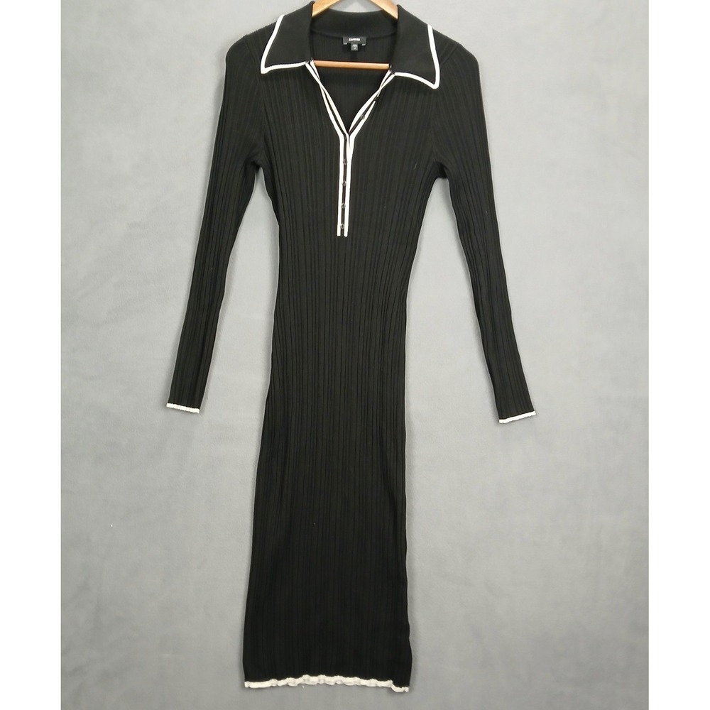 Express Black Ribbed Midi Dress with White Trim